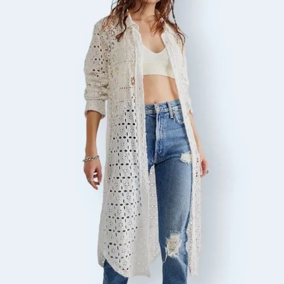 NWT Free People S Yesenia White Lace Button up Tunic - Picture 1 of 4